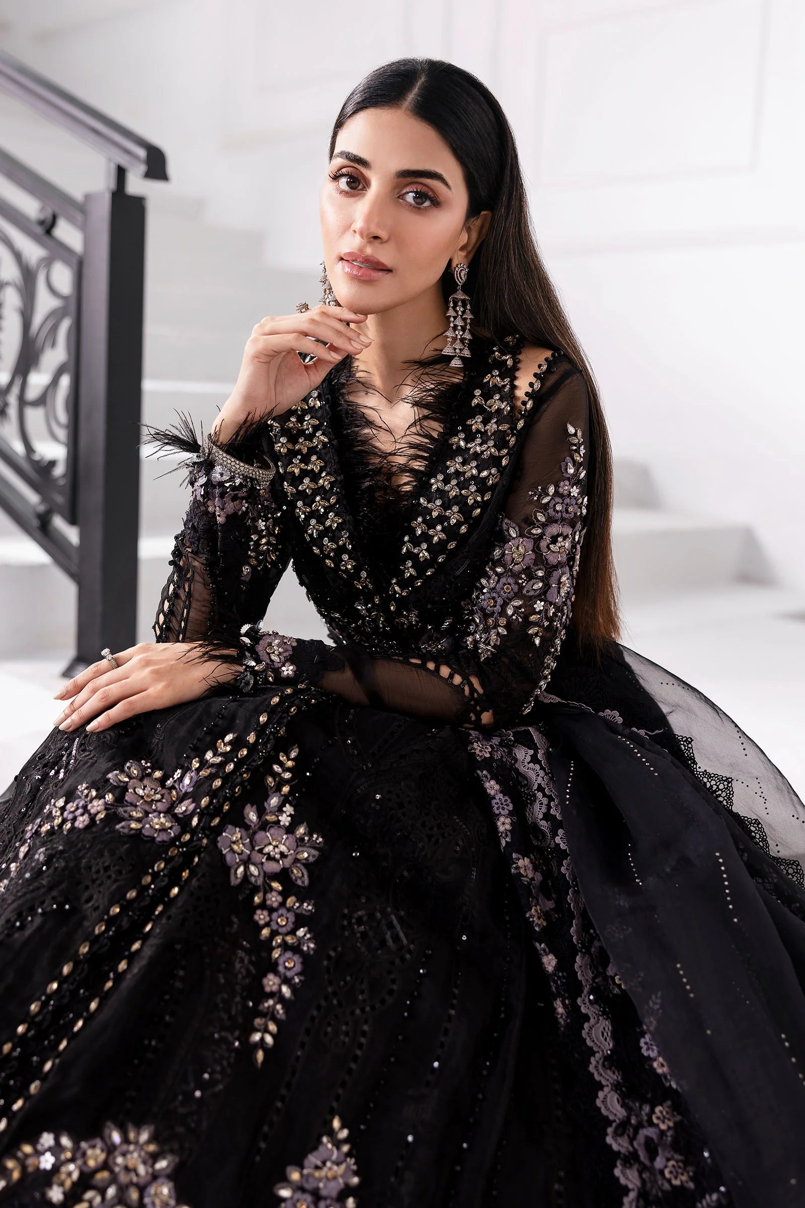 3 Piece Unstitched Embroidered Organza MC BLACK pakistani fashion…
